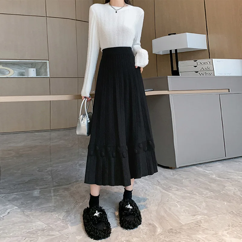 Large Size Fashion High Waist Korean Style Loose Mid-Length Solid Color Simple Lady Knitted Skirt