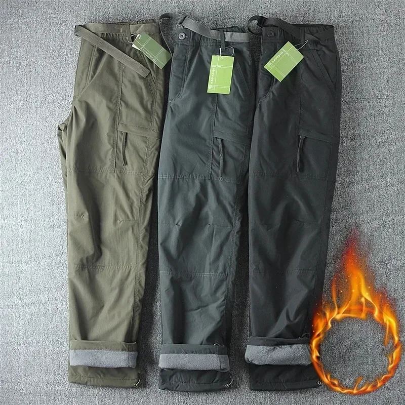 S-6XL Tooling Pants Thick Waterproof Fleece Cargo Pants Men Women Winter Outdoor Multi-pockets Loose Straight Overall Trousers