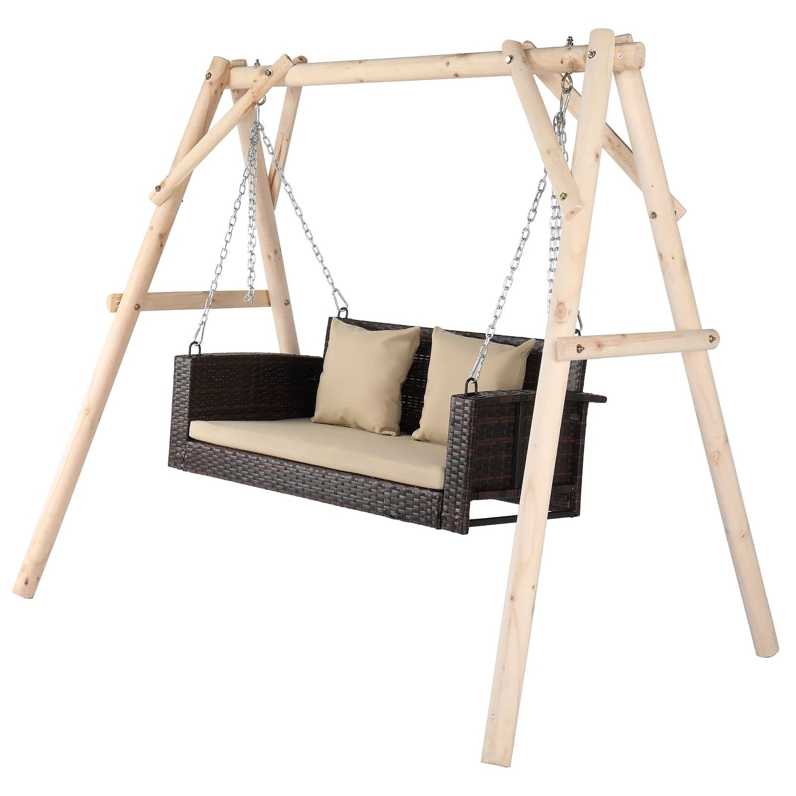 Cadeira de balanço de vime com almofada bege de vime marrom de 49 polegadas (quadros de balanço não incluídos)