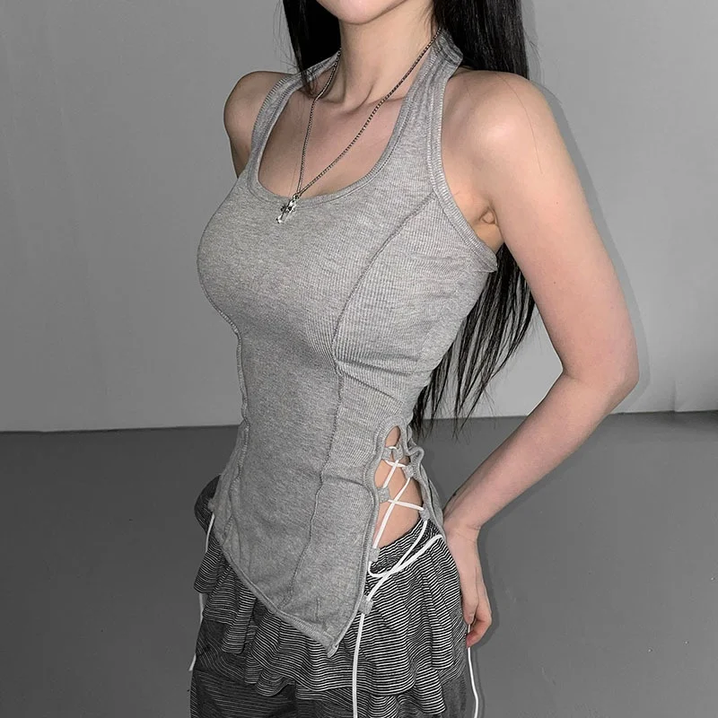 

American Spicy Girl Hem Tie Vest Female Niche Round Neck Sleeveless Tanks Splicing Short Chest Hollow Bottom Tops Streetwear