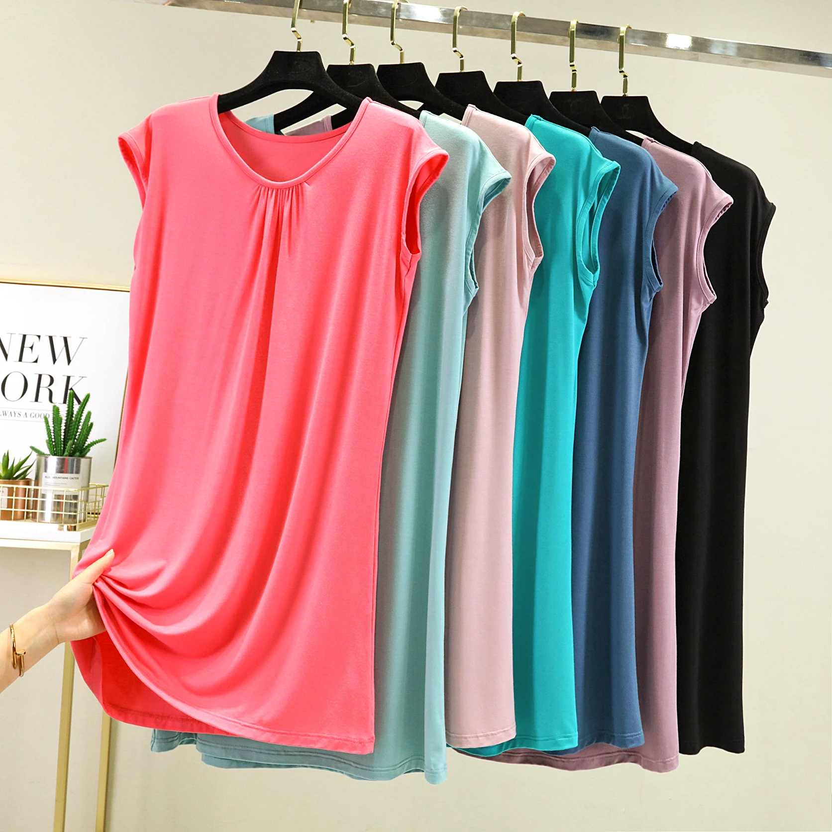 

Summer Lightweight Svel Loose Modal Spwear Women's Casual Home Clothes Large Size Gown round Ne Pure Color Dr