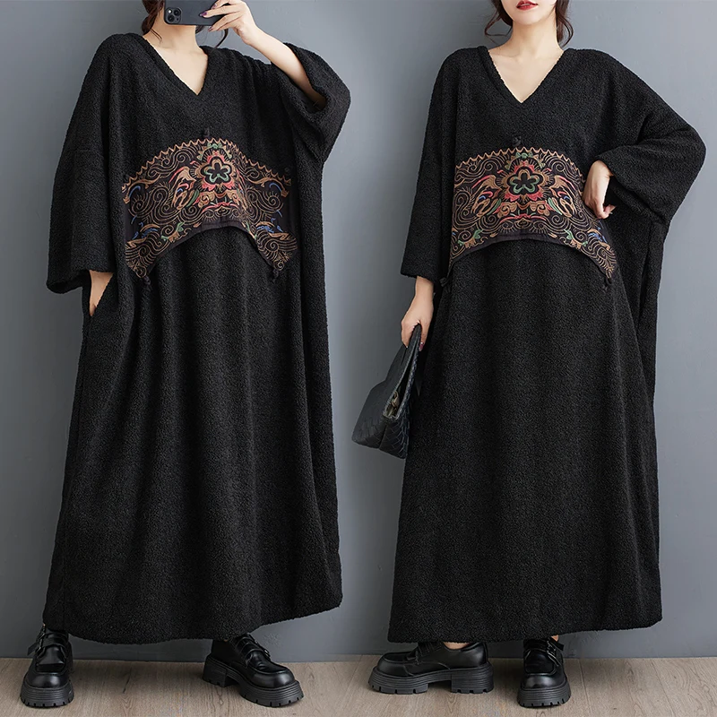 

Faionable Autumn Winter Plu Embroidered Dr Versatile Loose Thiening Long Robe Batwing Sve Women's Commute Sle