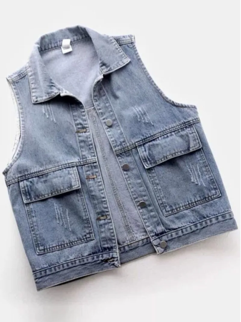 Spring and summer new denim vest women\'s short Korean version loose and versatile large pocket sleeveless vest jacket waistcoat