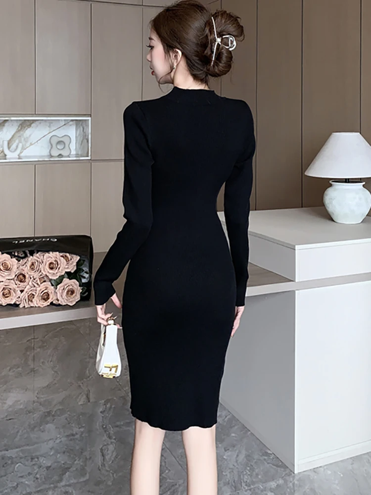 Herbst Winter Schwarz Gestrickte Diamanten Aushöhlen Sexy Midi Kleid Frauen Elegante Luxus Pullover Kleid 2025, Koreanische Bodycon Vestidos