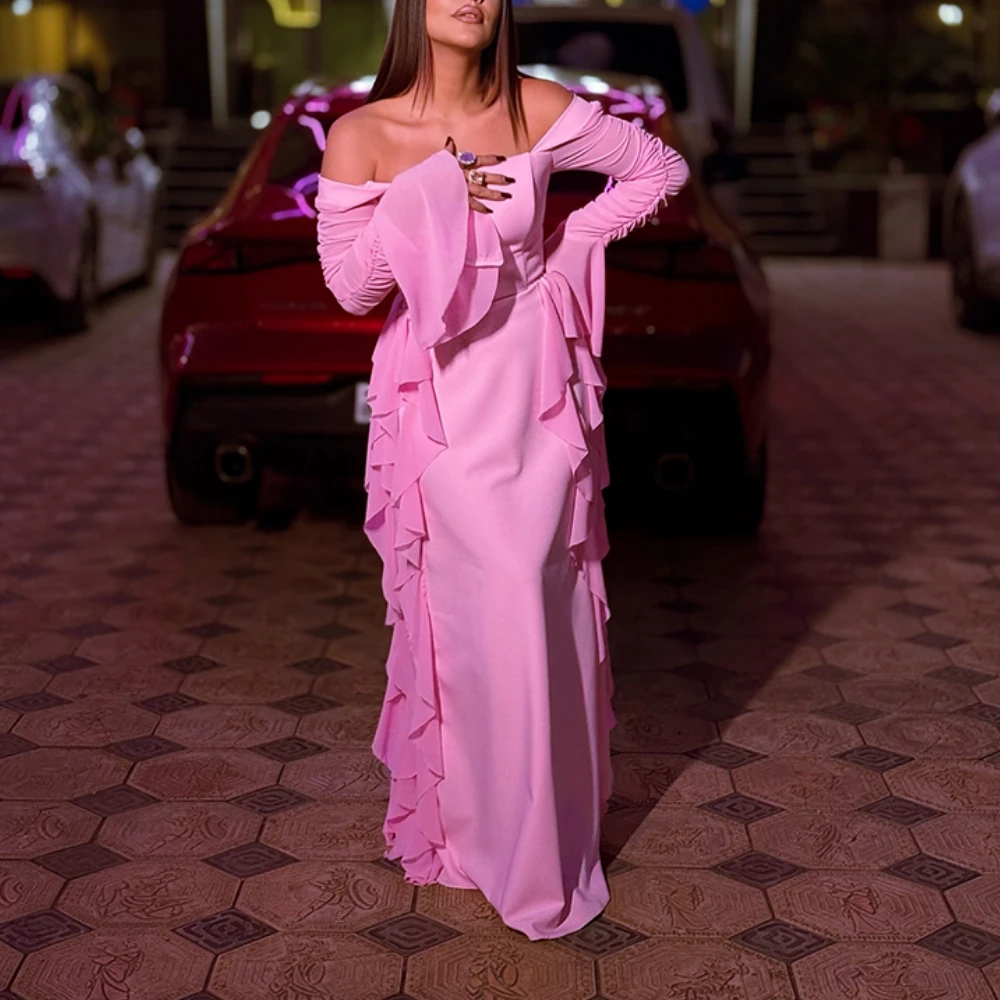 

Pink Wedding Guest Dress Long Sleeves Off The Shoulder Modest Women's Formal Party Gowns Mermaid Long Evening Dresses Customized