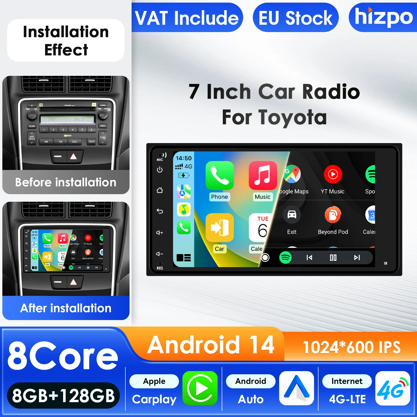 Hizpo 7-calowe radio samochodowe Carplay 4G Android 14 do Toyota RAV4 Corolla Camry Echo Alphard FJ Cruiser, multimedialny odtwarzacz wideo, GPS, 7-calowy inteligentny ekran samochodowy, wyświetlacz