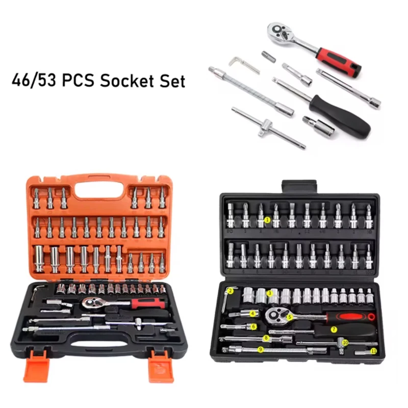 

46/53 Piece/Set Car Repair Tool Kit 1/4-Inch Socket Set Car Repair Tool Ratchet Torque Wrench Combo Auto Repairing Tool Set