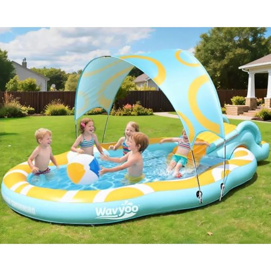 Backyard water play center for kids: inflatable kiddie pool with slide and canopy durable thickened PVC blue and yellow extra-l