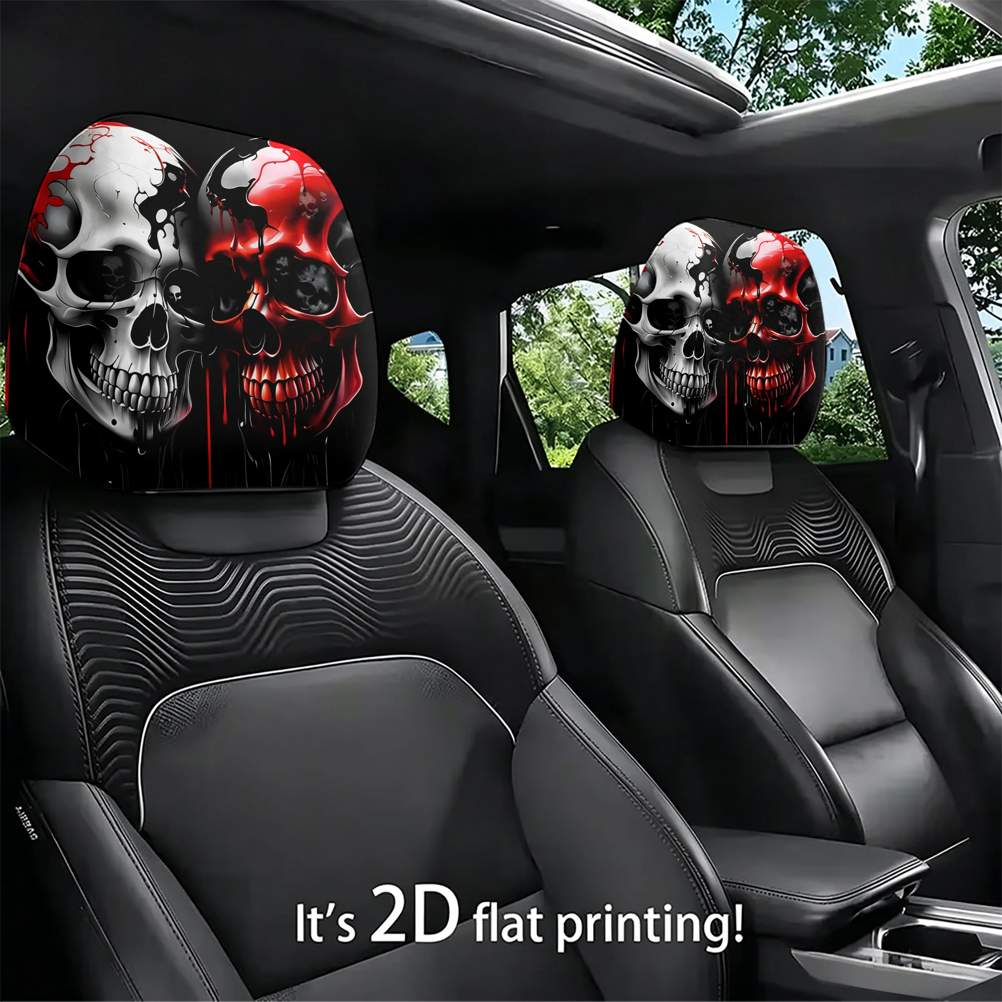 2pcs car headrest covers featuring a gothic skull design, with an eye-catching red-and-white color scheme to create a bold and a