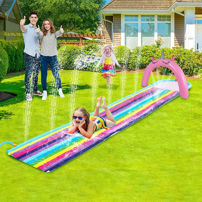 Glissière d'eau de pelouse licorne arc-en-ciel de 12 pieds, tapis de pulvérisation et gonflable pour enfants, jeux de piscine, jouets d'arrosage