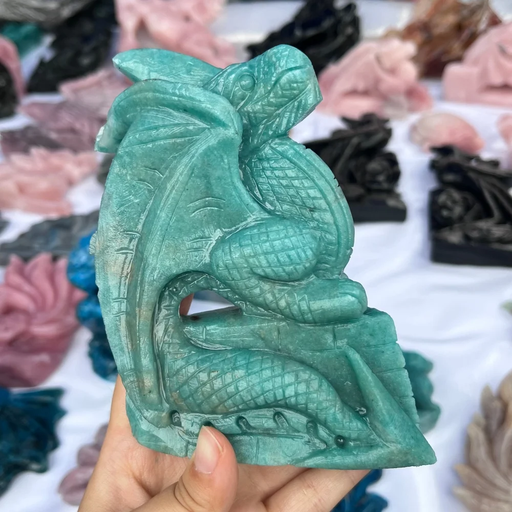 1PCS Natural Amazonite Quartz Dragon Carving Crystal Fengshui Love Healing Stone Home Decor Gift