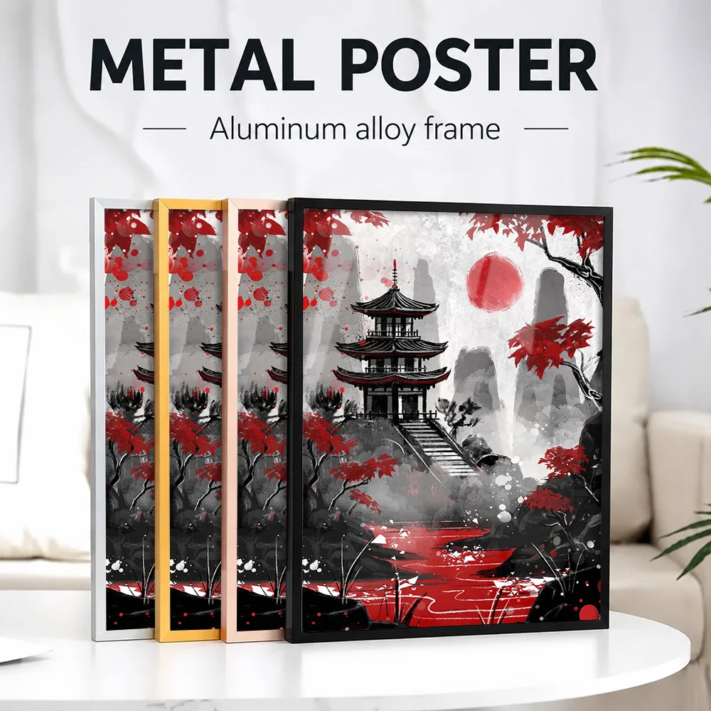 Japan Pagoda Featuring Red Sun Framed Metal Print Customized Photo Minimalist Sumi E Style Wall Art For Tea Room Birthday Gift