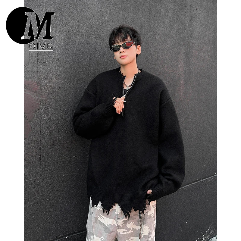 [OIMG] American High Street Half Zipper Ripped Sweater Men's Autumn And Winter Hip-hop Fashion Brand Couple