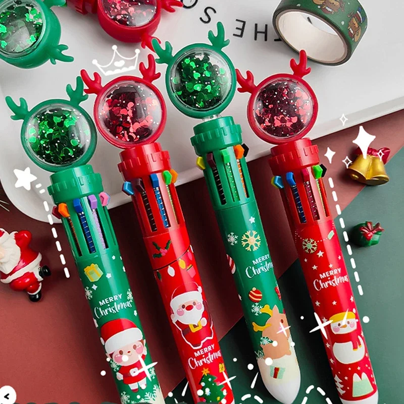 Christmas 10-color Ballpoint Pen Student Press-type Color Pen Santa Claus Presses The Ballpoint Pen 0.5mm School Stationery