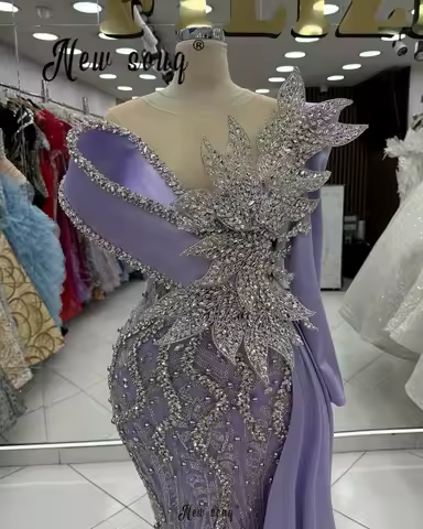 Luxurious Customized Lilac Prom Dress 3D Lace Crystals Evening Dresses 2025 Wedding Guest Gown Sheer Neck Engagement Party Dress