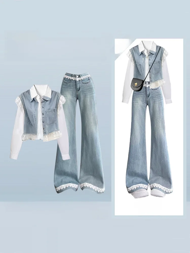 

Ранняя осень, корейский антивозрастной комплект, женский студенческий джинсовый жилет, кружевные расклешенные джинсы, комплект из футболки, модный...