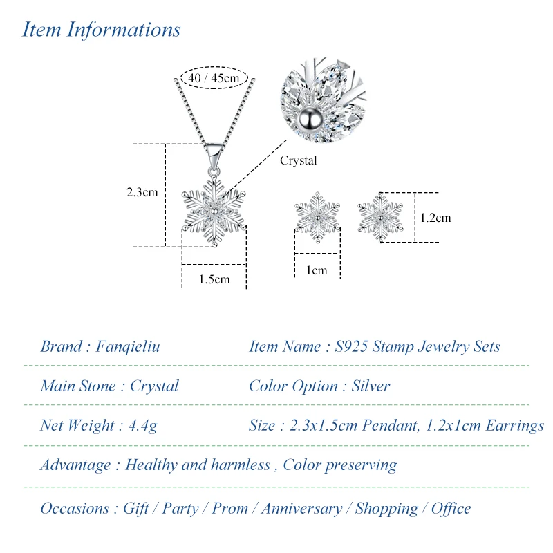 Fanqieliu Real 925 Sterling Silver Stud Earrings Crystal Snowflake Pendant Necklace For Women Jewelry Sets FQL22054