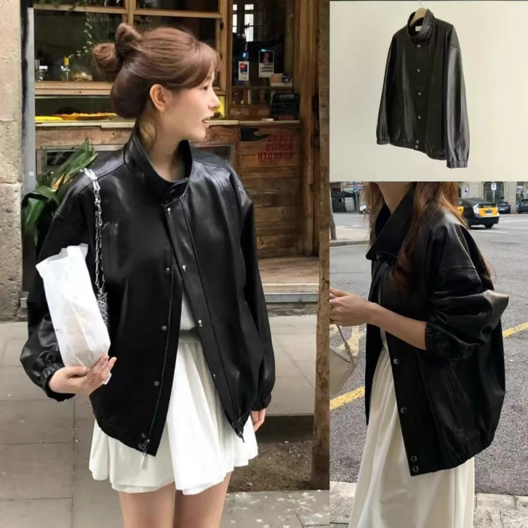 

Retro Loose Pure Color Stand Collar Zipper Leather Jaet Simple Elegance Spring 2025 New Arrival Women's Faion Outerwear