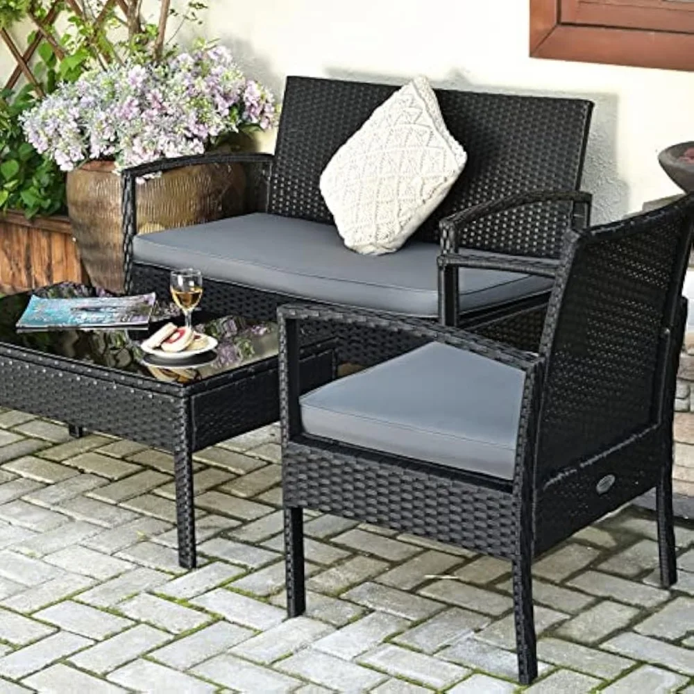 4PCS Patio Rattan Furniture Set, Outdoor Wicker Conversation Set with Tempered Glass Coffee Table, Seat Cushions