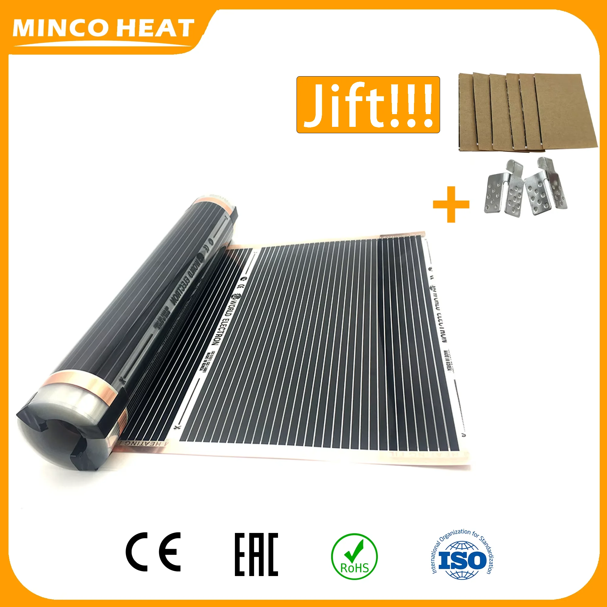 Minco Heat 50cm Width 280W/㎡ 0.5~4㎡ Far Infrared Carbon Fiber Underfloor Heating Film Mat with Clamps Insulation Pastes Kits