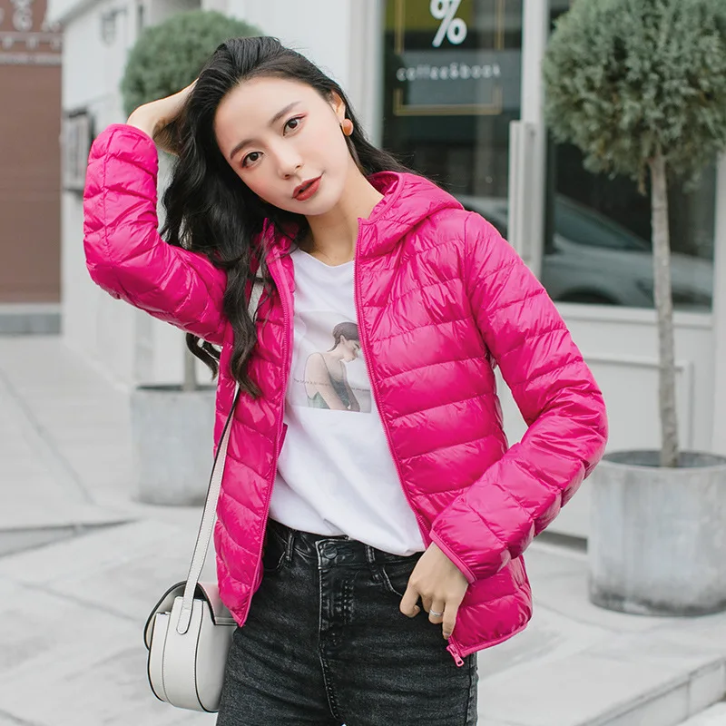 Women Down Coat Lightweight Warm Hooded Puffer Jacket Plus Size Packable Autumn Winter Clothes Simple Short Outwear Full-Zip