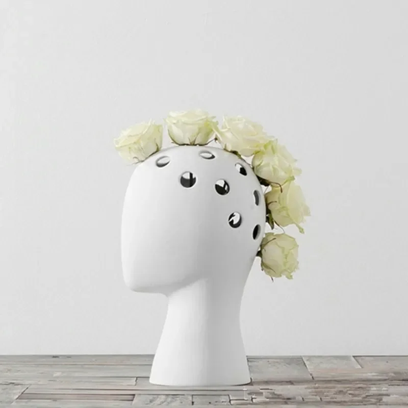 Scandinavian Design WIG Ceramic Creative Fashion White Vase Wedding Home Decor Modern Porcelain Figure Head Shape