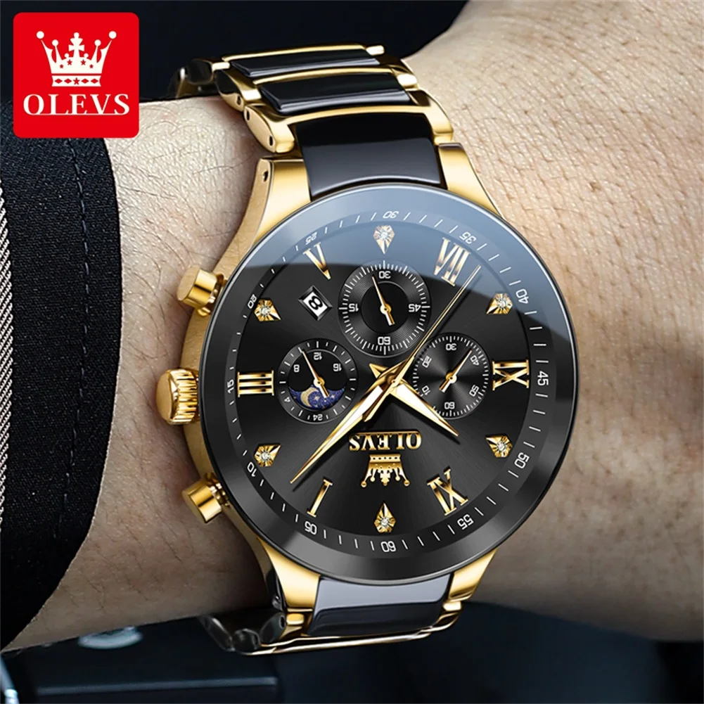 OLEVS Mens Watches Business Multifunctional Chronograph Quartz Wrist watch For Man Date Moon Waterproof Ceramic Watch Bands 7004