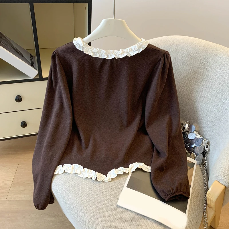 Fashion Ruffles Patchwork T Shirt Women Preppy Style Bow Lace Up Chic Tees Autumn Casual Loose Long Sleeve Female Cardigan Tops