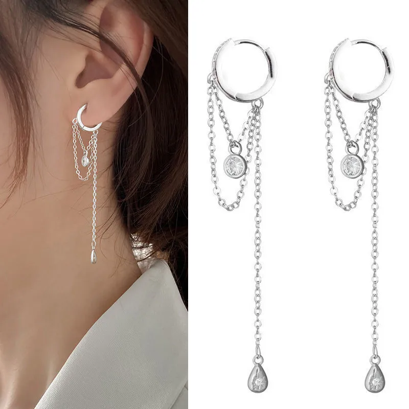 Elegant Temperament Silver Color Long Tassel Hoop Earring For Women Cubic Zirconia Water Drop Shape Earring Jewelry Gift 2022