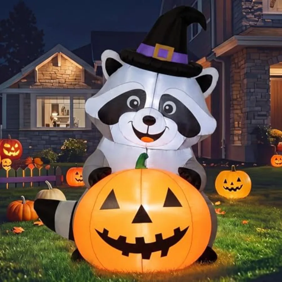 Outdoor Halloween Inflatable Witch Raccoon Decoration, PVC Material, Black And Orange, Weather-Resistant With Built-In Lights