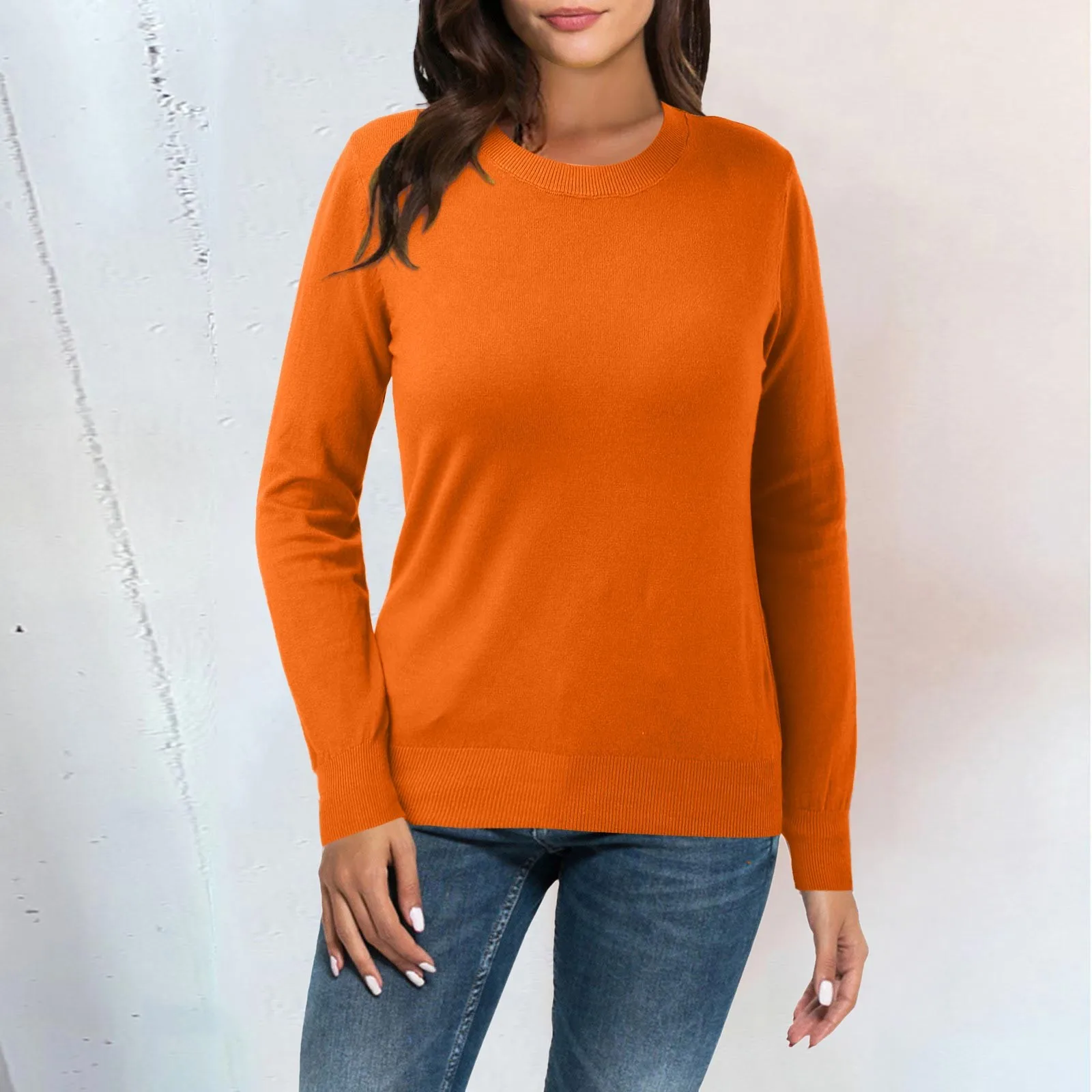 Casual effen kleur ronde hals dieptepunt shirt losse lange mouwen gebreide trui top dames thermische eenvoudige veelzijdige trui