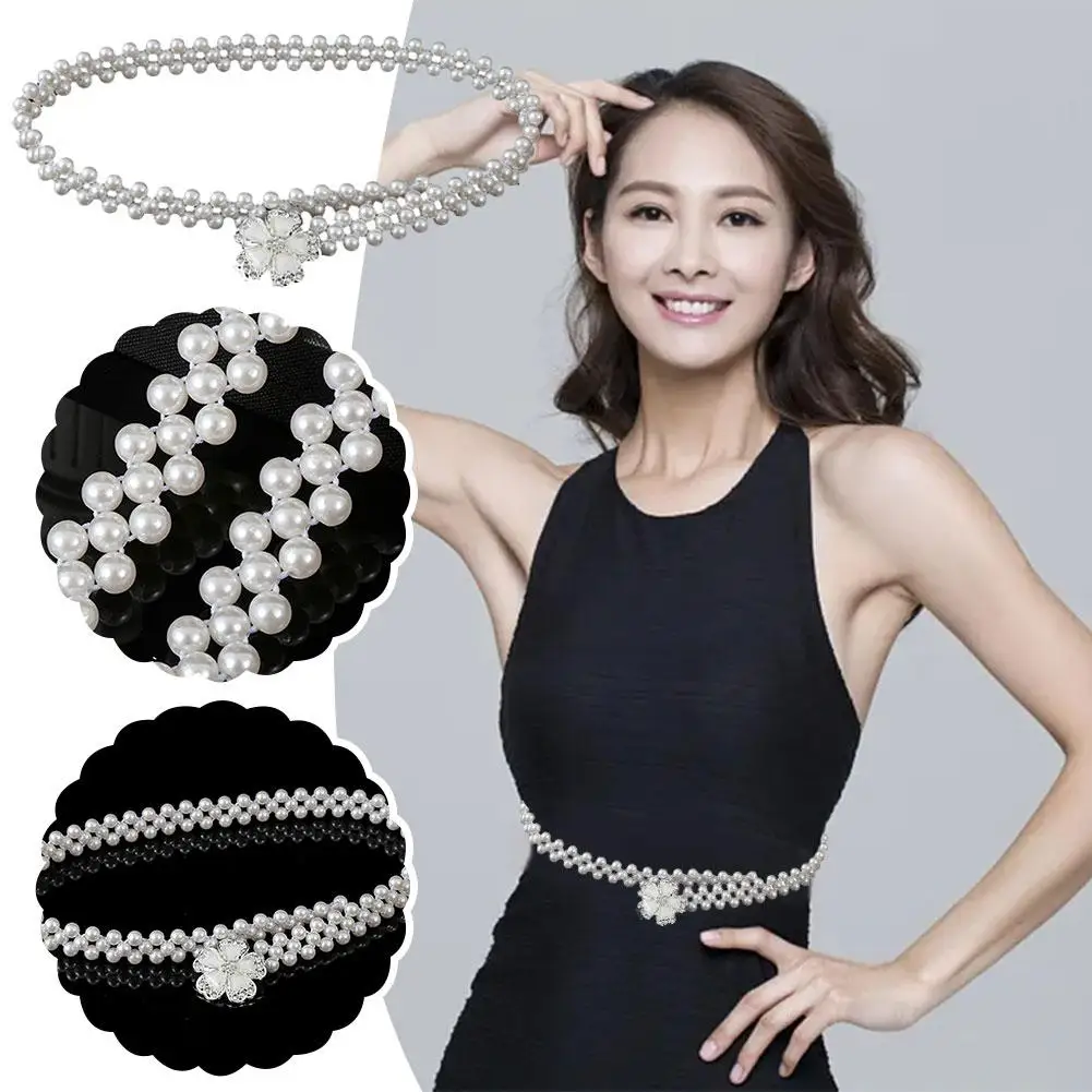 

Bow Tie Pearl Waist Chain Ladies With Large Pearls Matching Slim And With Waistband Diamonds Skirt Decoration Elastic Waist T0L3