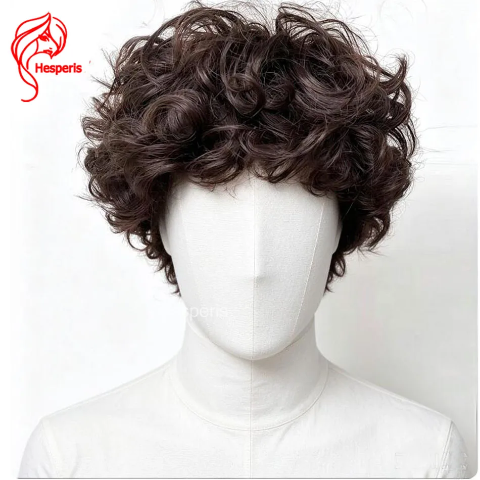Hesperis Mens Short Dark Brown Curly Full Lace Human Hair Wig Fluffy Real Human Hair Wig Natural Looking for Daily Dating