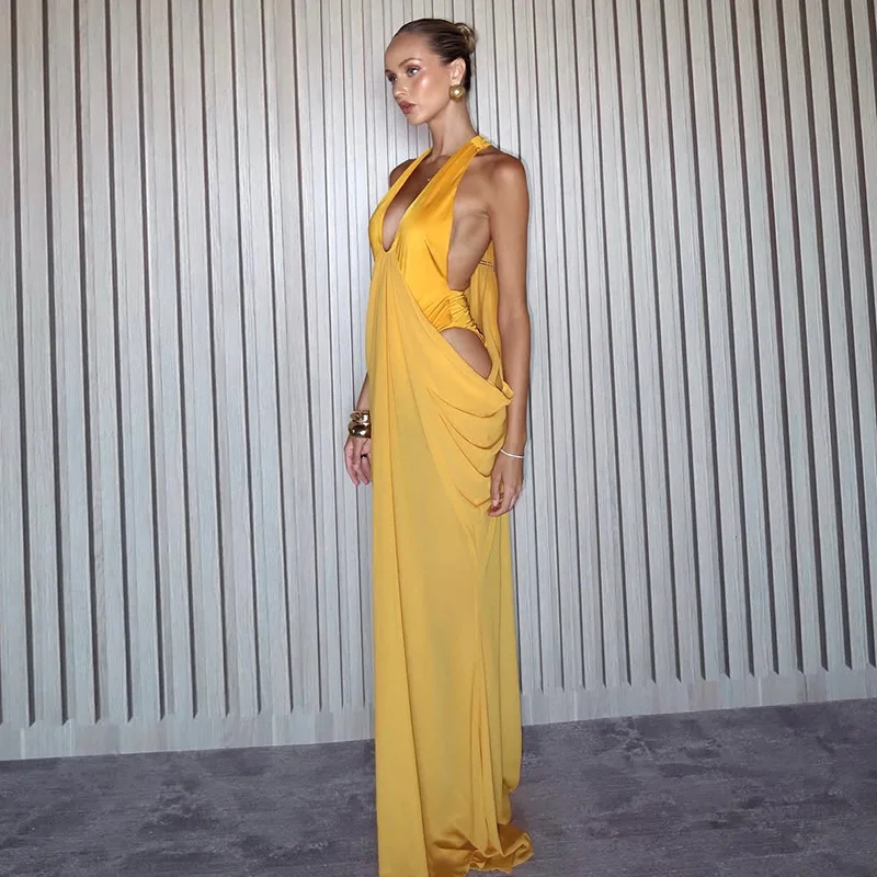 Off Shoulder Sleeveless Sexy Maxi Dress Women Halter See Through Party Club Outfit Summer V Neck Backless Dresses Beach Vacation