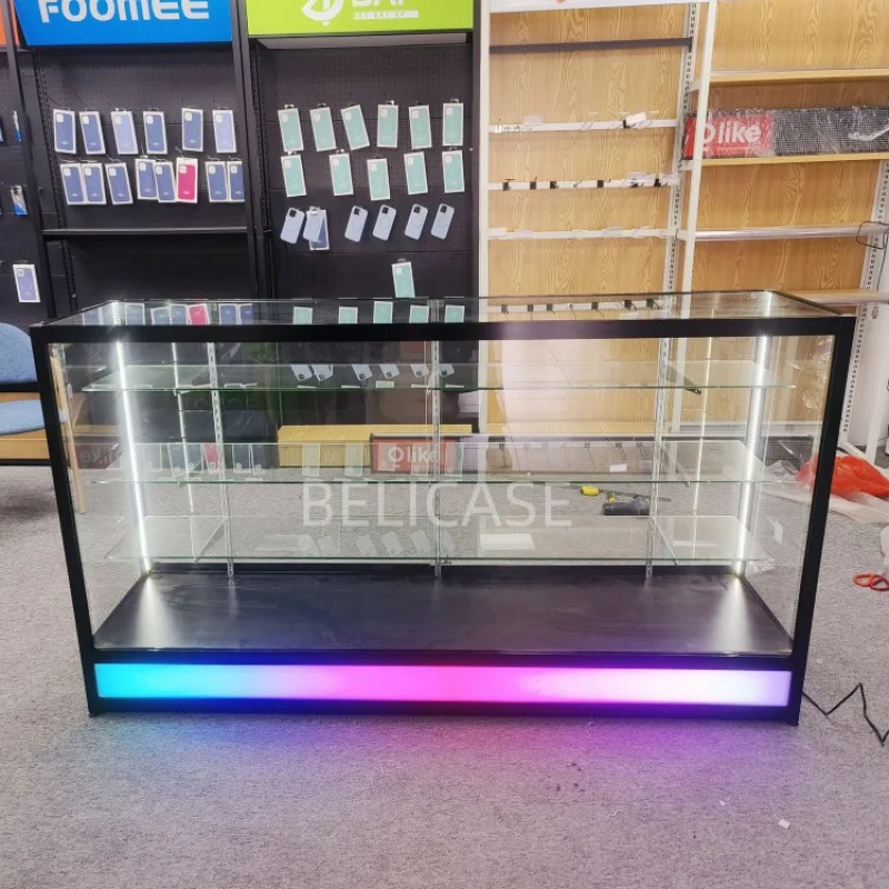 Customized.70inch aluminum frame show with LED lights Smoke Shop colorful glass display cabinet counter retail store modern