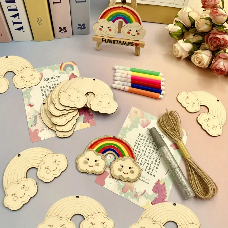 Exquisite DIY Handmade Wooden Rainbow Craft Kit 24pcs with 6Pens 1Rope 2Stickers for Spring Activity