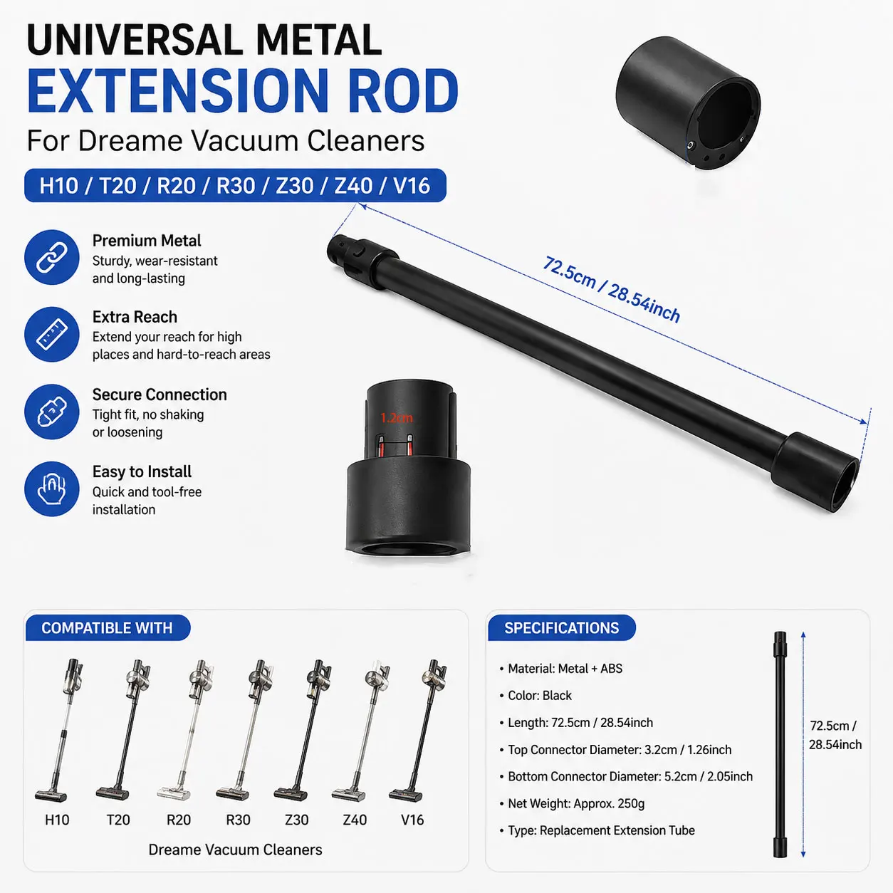 Universal Metal Conductive Tube Extension Rod for Dreame H10/T20/R20/R30/Z30/Z40/V9-V16 Vacuum Cleaners