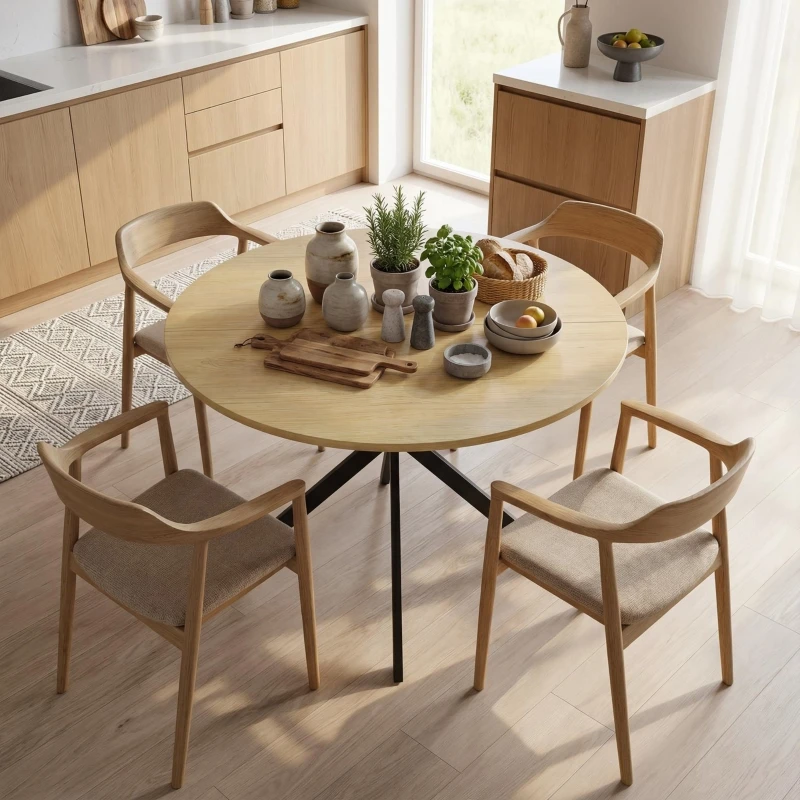 Ronde eettafel voor 4 personen, keukentafel in industriële stijl met stalen poten, voor eetkamer en keuken, eiken