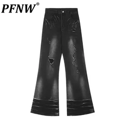 PFNW Washed Painted Worn-out Hole Jeans Men's Flare Pants Straight Trendy Hippy 2024 Summer Niche Design Bottoms 28W3510