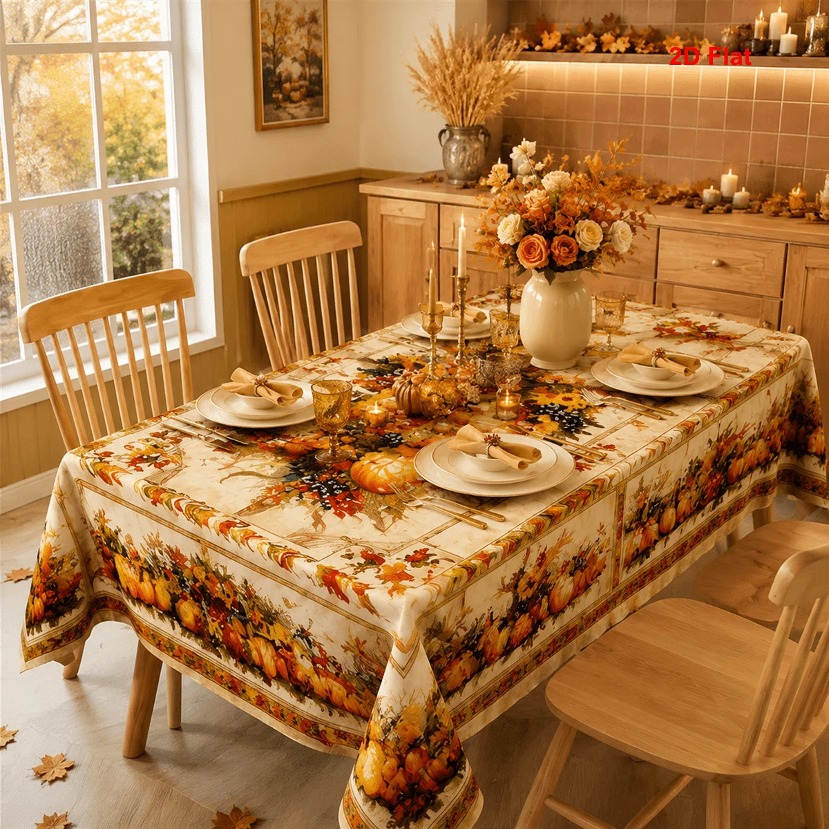 1pc  Autumn Harvest Tablecloth Rustic Fall Pumpkin Maple Leaf Print Waterproof Table Cover for Dining Room Kitchen Party Decor