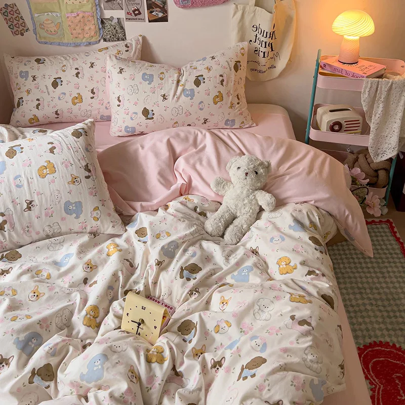 Simple Korean Bear Print Washed Cotton 4‑Piece Bedding Set Duvet Cover Sheet Pillowcase