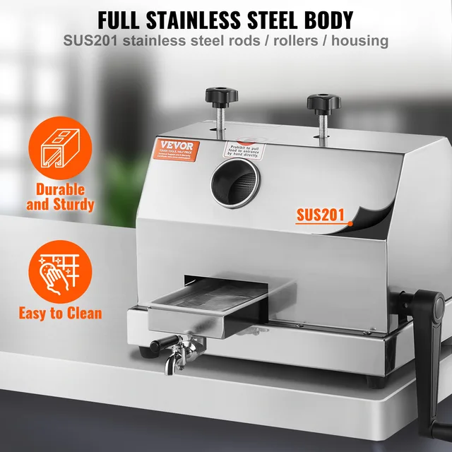 SucceBuy Commercial Sugar Cane Juicer 110LBS/H High Output Sugarcane Juicer Machine w/3 Stainless Steel Rollers 2.4" Large Inlet 4 VEVOR Commercial Sugar Cane Juicer – 110 LBS/H, 3-Stage Rollers, Automatic Pulp Ejection – view 4