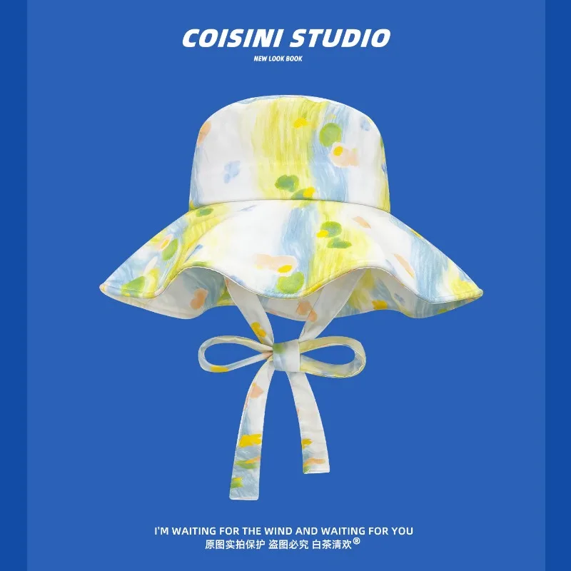 New French Graffiti Flower Print Bucket Hat Spring and Summer Seaside Vacation Strap-on Large Brim Sunscreen Sun Caps for Women
