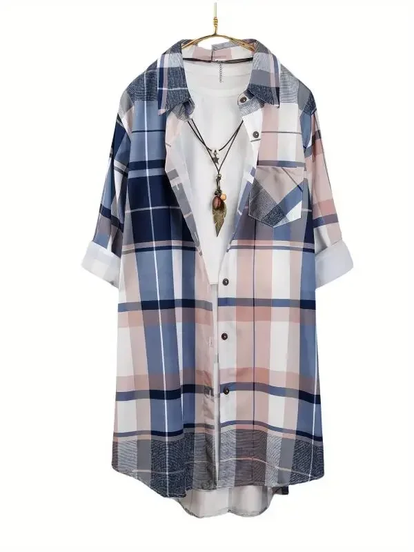 Women Long Plaid Shirt Turn Down Collar Short Sleeve Button Down Loose Longline Checkered Tunic With Chest Pocket