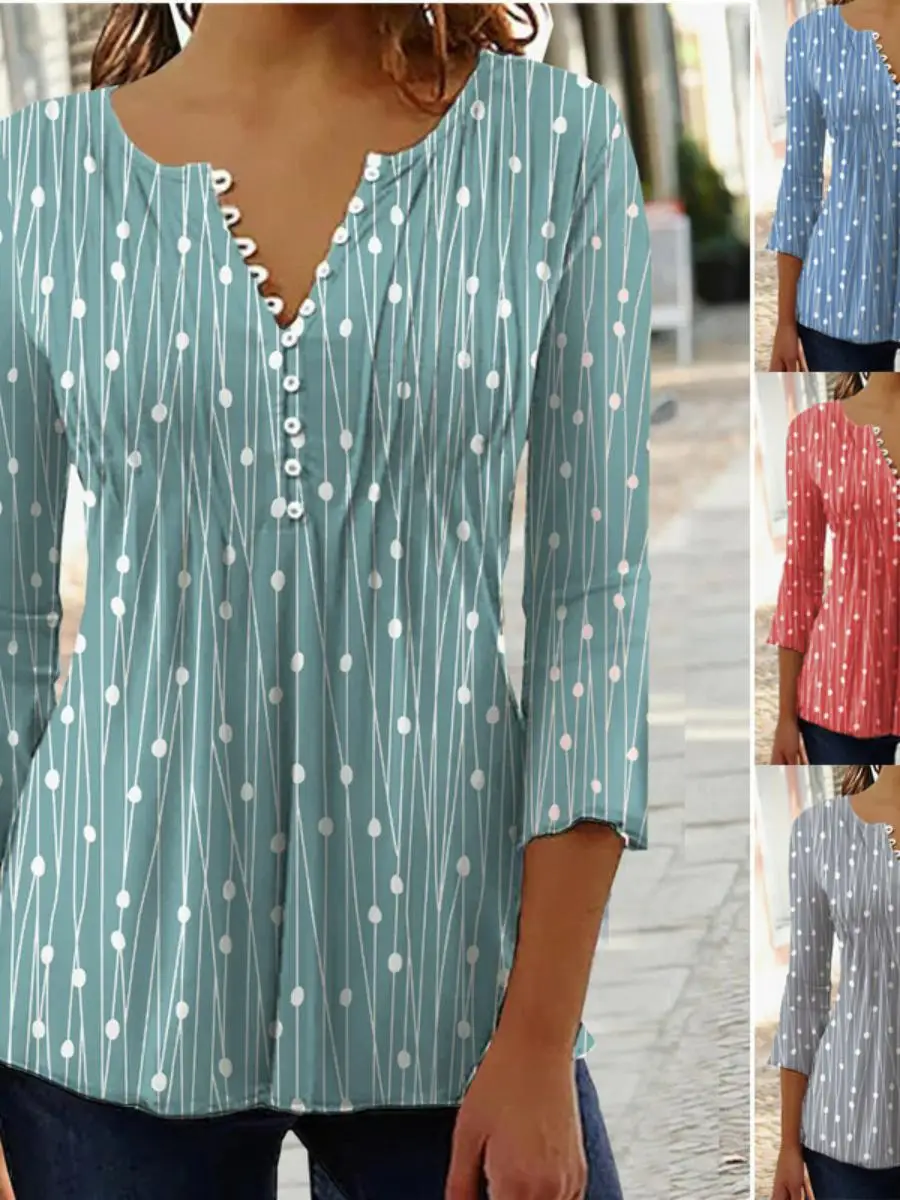 

Women's V-ne Printed Base irt Long Sve Top Mid-length Polyester Blend Spring Faion Ladies' Premium Clothing