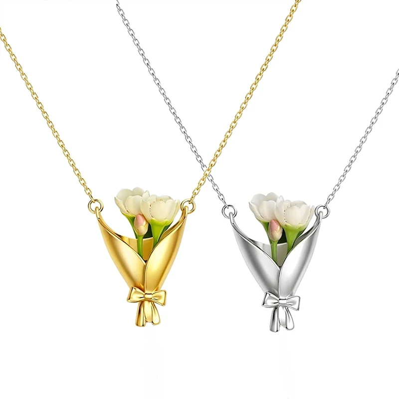 Aesthetic Flower Bouquet Necklace, Minimalist Metal Vase Pendant, Wearable Flower Holder Chain for Real Dried Flowers, DIY Gift
