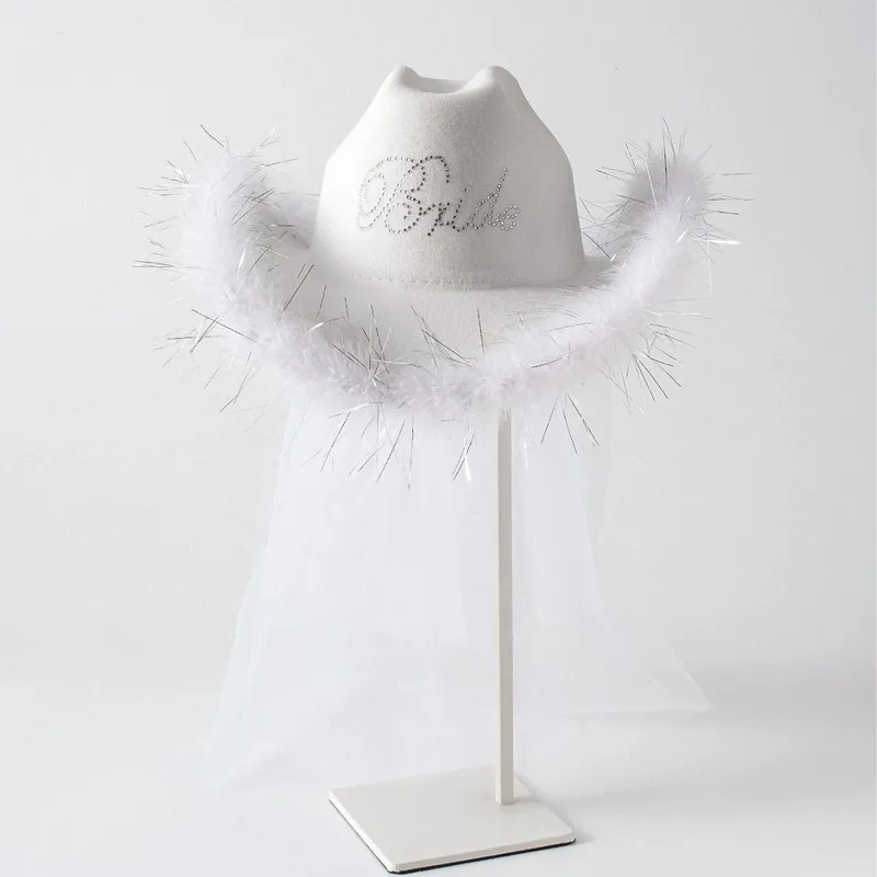 New bride silver feather veil western bachelorette party cowboy hat