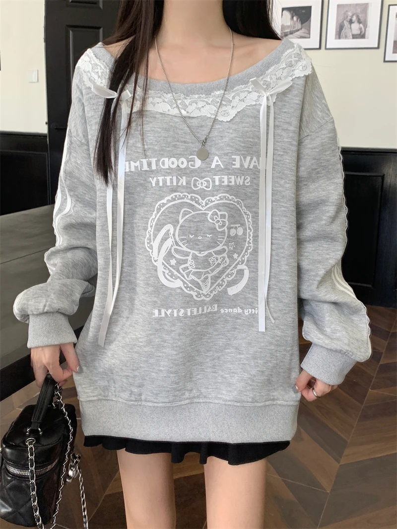 2025 페어리 가을 겨울 신상 프린트 긴팔 레이스 스플라이스 비대칭 숄더 스웨트셔츠 여성용 탑 패션 스트리트웨어