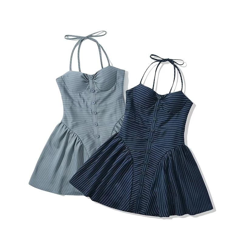 YENKYE Sexy Backless Strapless Halter Mini Dress Women Front Button Striped Low Waist Summer Dresses Fit And Flare Party Robe
