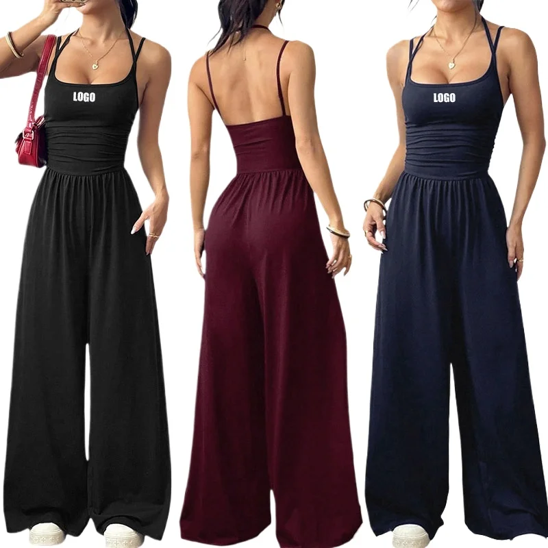 

Customized LOGO Women's European and American Suspender Casual Spring and Summer Chest Wide Leg Loose Jumpsuit